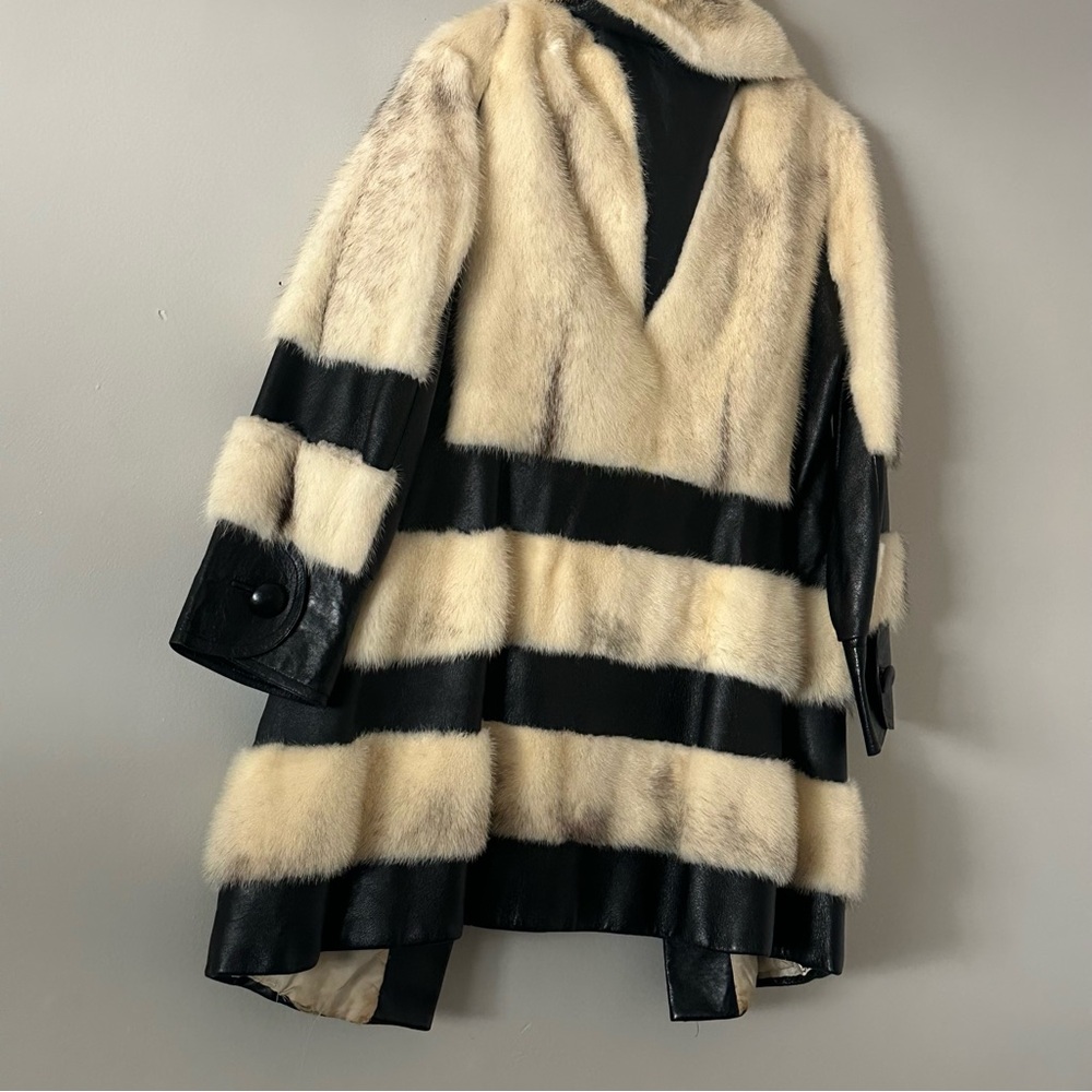 Vintage Real Fur & Leather Coat Black Cream Striped Statement Coat Women’s Small - Picture 10 of 11